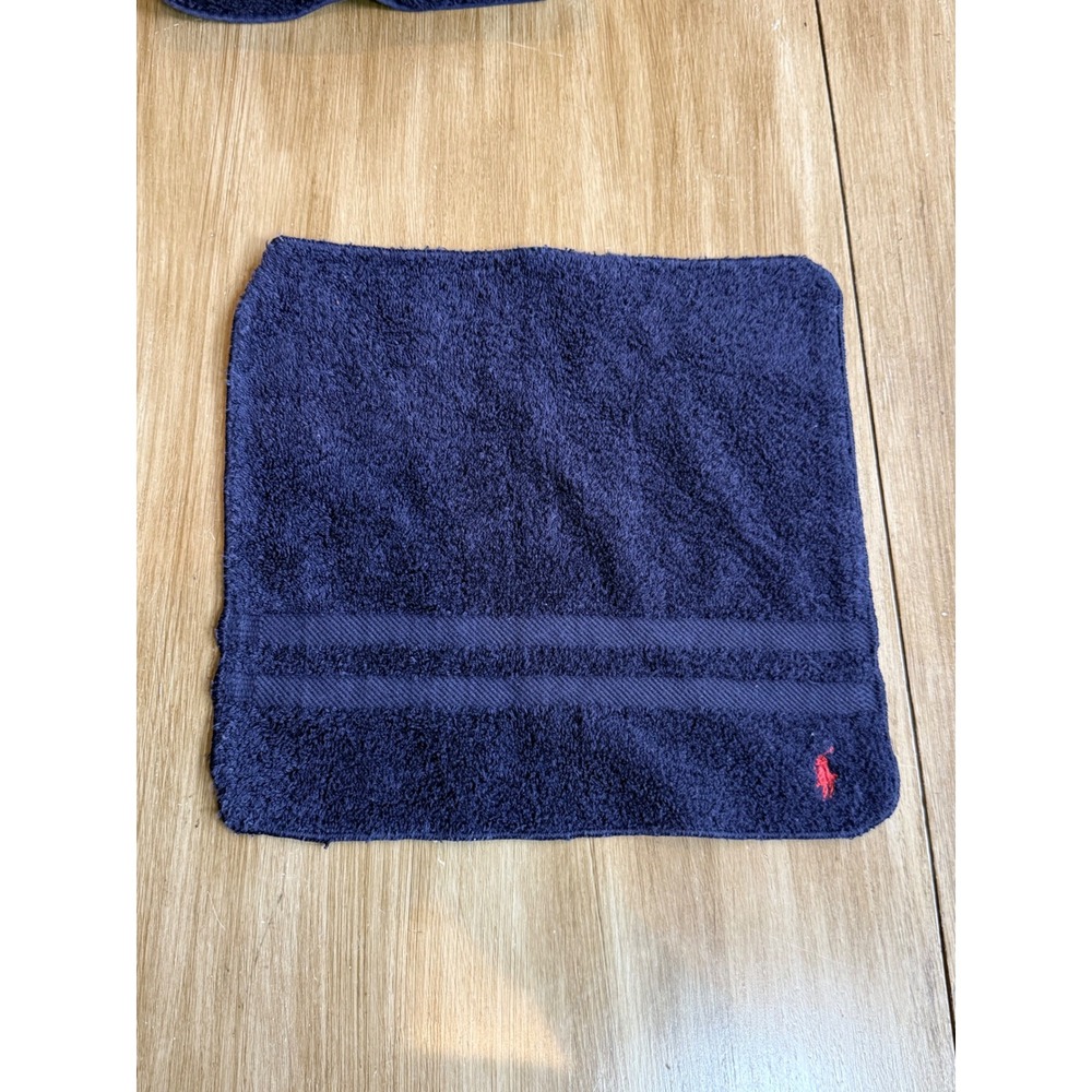 Ralph Lauren Navy Blue Cotton Towel Set Red Pony Logo Made in USA 3 Piece - Picture 4 of 5